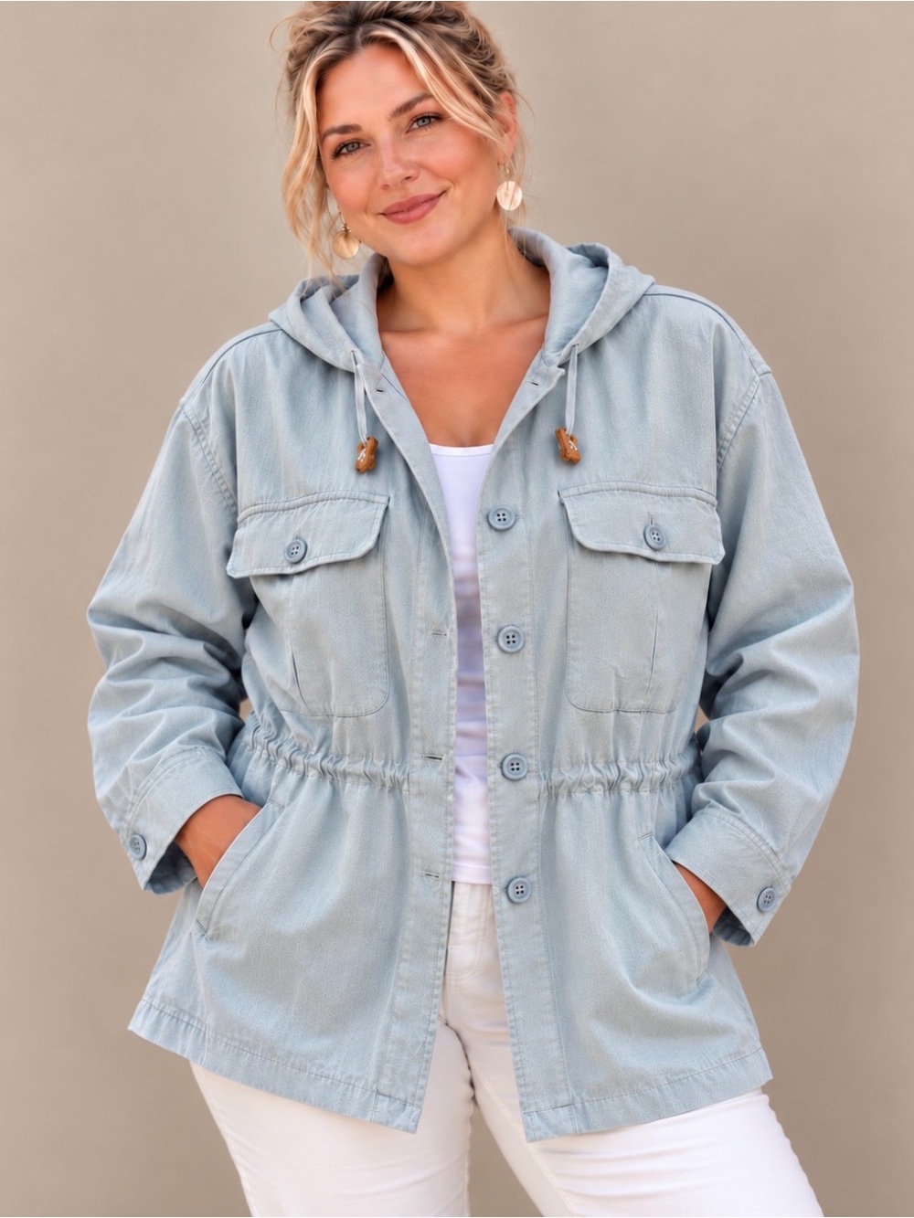 Ralph Lauren Linen Hooded Utility Jacket Safari Style w Drawstring Waist Pockets